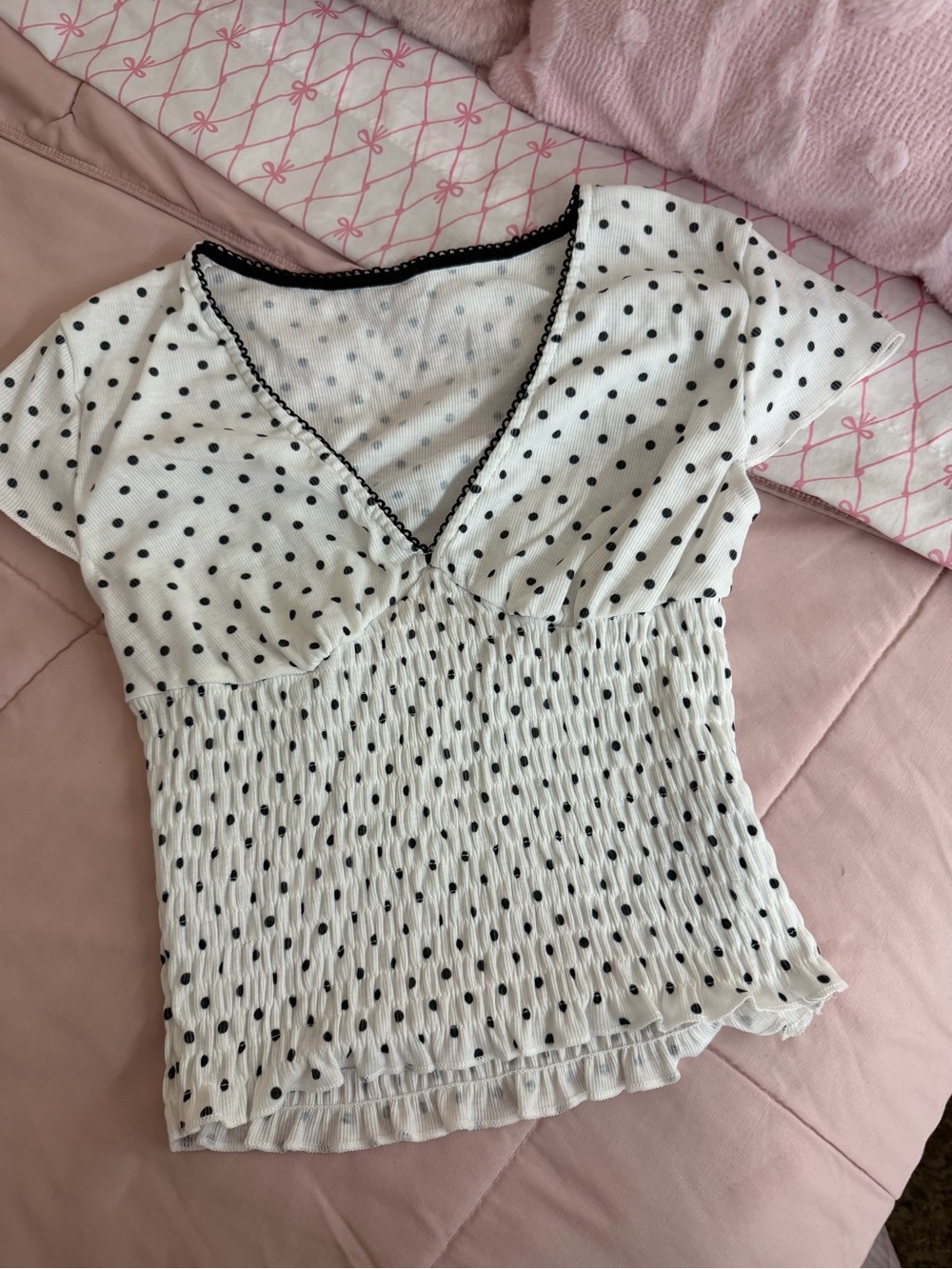 White Polka Dot Smocked V-Neck Top